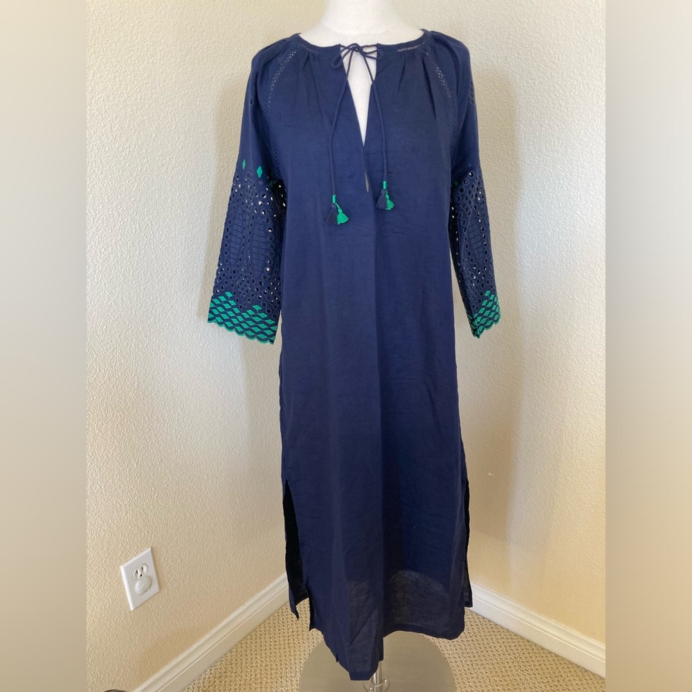 NWT J. Crew Navy Blue linen cotton long tunic with cutouts Size XS